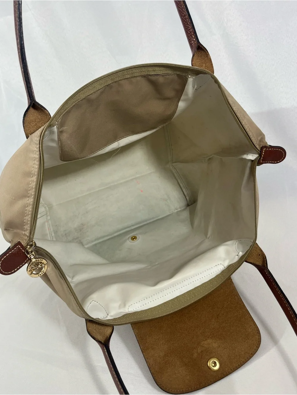 Longchamp Large Tote - Tan Nylon, Brown Leather - Packable - Fair Condition